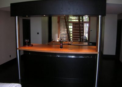 Black Stained Oak Bar with Cherry Top and Stainless Steel Inlay