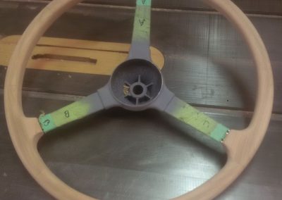 Top View of Cherry Wooden Steering Wheel for Vintage British Sportscar