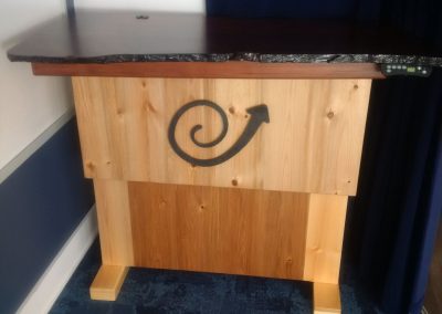 Workstation with Curly Redwood top reclaimed from a California forest fire